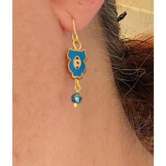 Teal Blue Enamel Owl Earrings Evil Eye Drop Hypoallergenic Gold Plated Hook - Picture 6 of 6